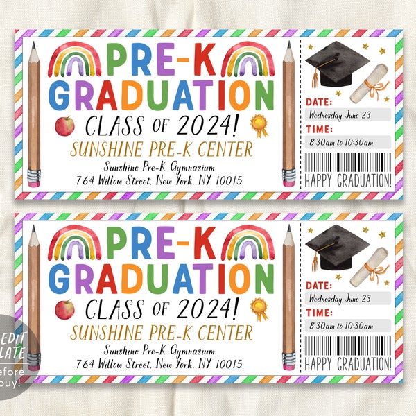Pre-K Graduation Ceremony Ticket Editable Template, Class Grad Invitation Announcement, Commencement Preschool Graduation Party Invite DIY
