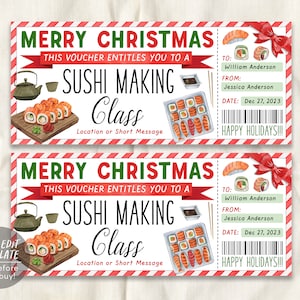 May include: Two red and white striped gift certificate vouchers with a green and white border. The vouchers are for a sushi making class. The text on the vouchers reads "Merry Christmas" and "This voucher entitles you to a sushi making class". The vouchers also include a "To", "From", and "Date" section. The date is December 27, 2023. The vouchers also include a watercolor illustration of sushi rolls and a teapot.