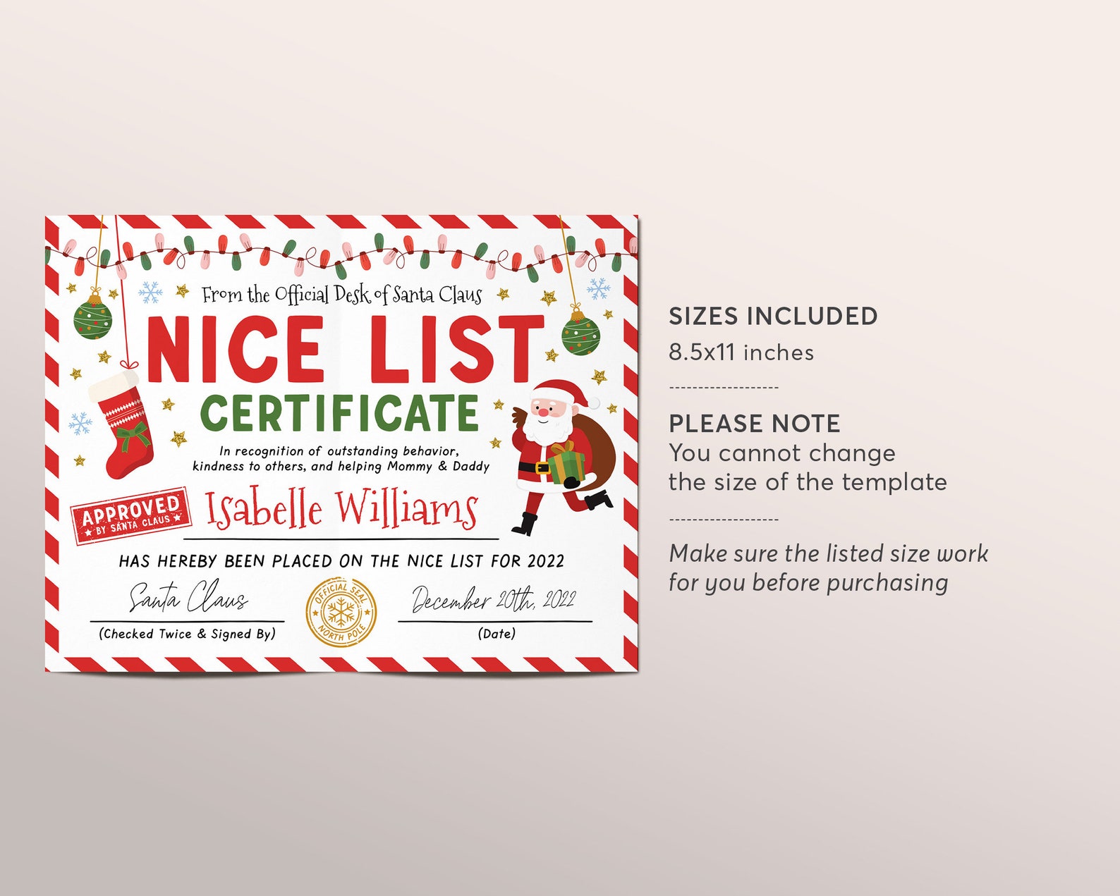 Santas Nice List Certificate Editable Template Approved Etsy