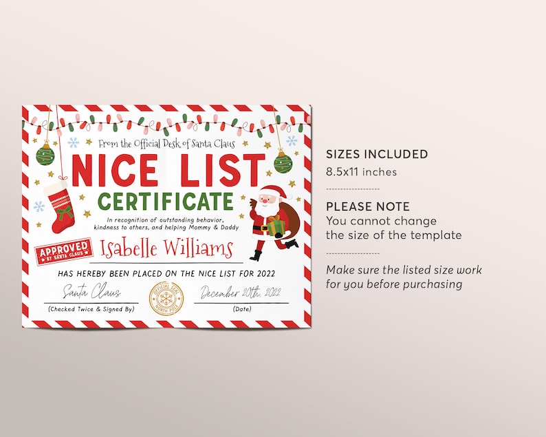 Santas Nice List Certificate Editable Template Approved Etsy