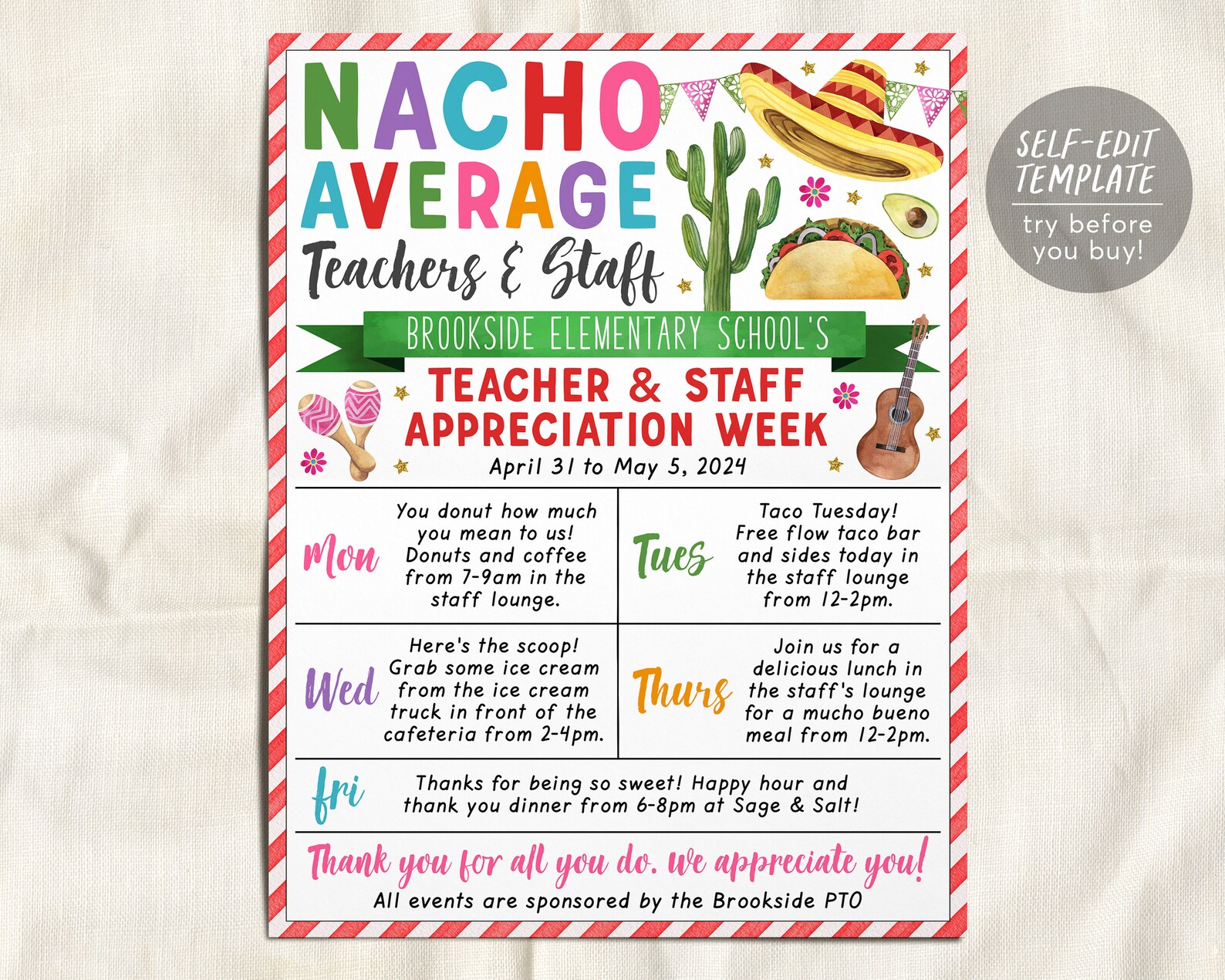 Nacho Average Teacher Appreciation Week Schedule Editable Template ...