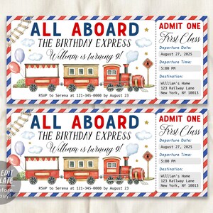 Puede incluir: Una invitación de cumpleaños imprimible en forma de billete de tren. El billete es rojo, blanco y azul con una ilustración de tren. El texto dice "All Aboard The Birthday Express William is turning 9!" y "RSVP to Serena at 121-345-0000 by August 23".