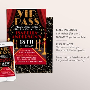 Vip Pass Invites VIP Pass Birthday Invitation Editable Template, Hollywood Red Carpet ...