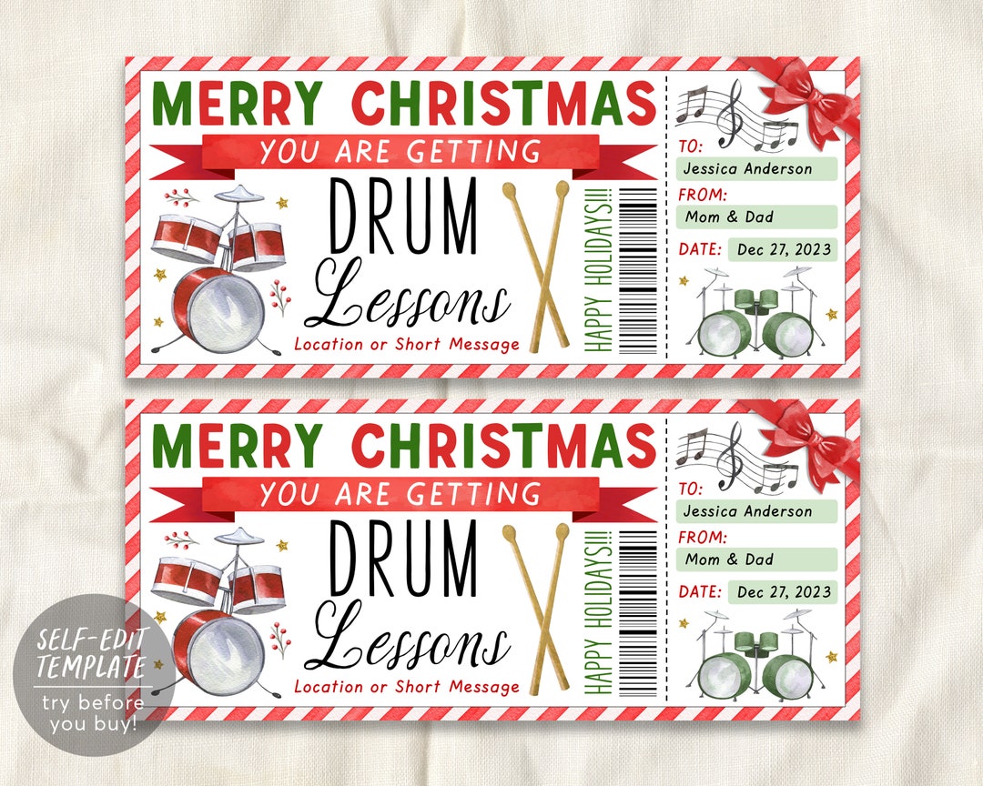 Drum Lessons Christmas Gift Certificate Editable Template, Surprise ...
