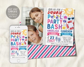 May include: A digital invitation template for a double pool party bash featuring a photo of two children, watercolor illustrations of a sun, beach ball, popsicle, sunglasses, life preserver, and flip-flops, with text including names and event details.