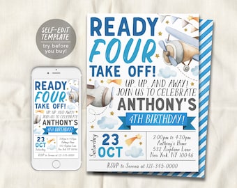 Airplane 4th Birthday Invitation Editable Template, Ready Four Take Off Boy Fourth Birthday Party Invite, Aviation Plane Up Up and Away