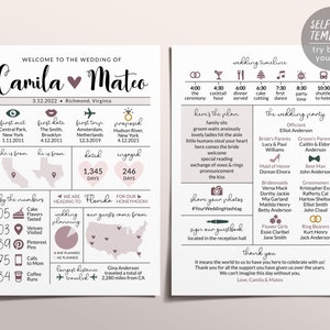 May include: A wedding announcement template with a pink and white color scheme. The template includes a timeline, a list of the wedding party, and a section for the couple's love story. The text includes the names Camila and Mateo, the date 3.12.2022, and the location Richmond, Virginia.