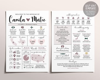 Boho Mauve Wedding Program Template, Bohemian Infographic Reception Program, Wedding Itinerary,  Unique Ceremony Program, Wild Rose Pink