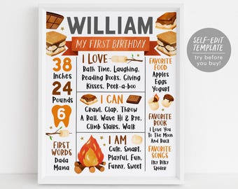 S'mores First Year Milestone Sign Editable Template, Bonfire Smore Campfire Birthday Party Birth Stat,  Backyard Camping One Year Board