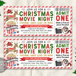 Christmas Movie Ticket Invitation Editable Template, Xmas Holiday Movie ...
