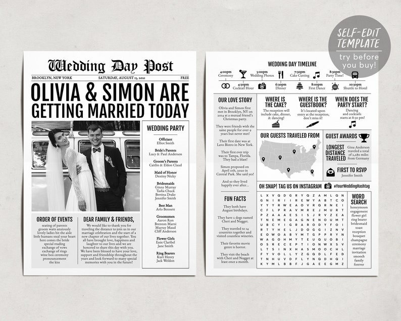 Newspaper Wedding Program Template, Editable Wedding Infographic, Unique Wedding Program, Printable Wedding Timeline, Wedding Word Search image 1