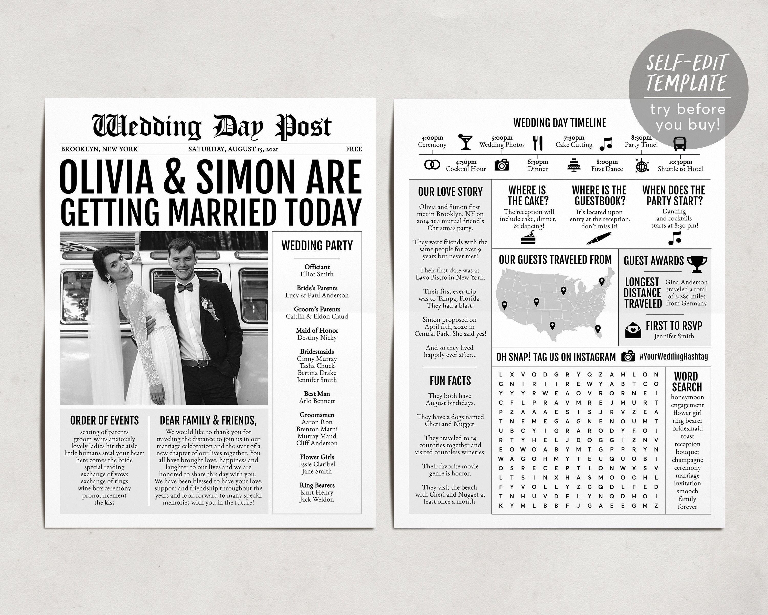 Newspaper Wedding Program Template Editable Wedding Etsy Sweden