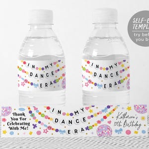 Plantilla editable de etiquetas para botellas de agua de "En mi época de baile", etiquetas para envoltorios de botellas de fiesta con pulseras de la amistad de baile, cumpleaños de chicas en la época de la discoteca