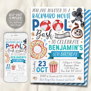 May include: A printable invitation for a backyard movie pool party. The invitation features a blue and white striped background with a film reel, popcorn, and a pool float. The text reads "You are invited to a backyard movie pool bash to celebrate Benjamin's 5th birthday".