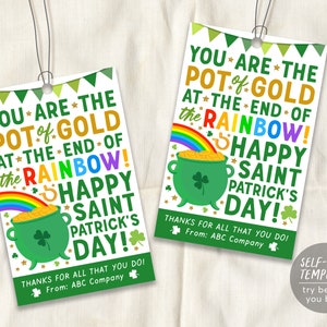 St Patrick&#39;s Day Gift Tags Editable Template, Shamrock Rainbow Teacher Appreciation Nurse Staff PTO PTA Volunteer Printable Thank You Favor