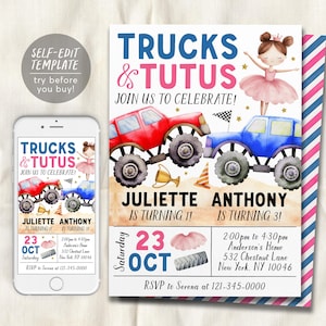 Monster Trucks And Tutus Joint Siblings Birthday Invitation Editable Template, Boy Girl Twins Monster Truck And Ballet Party Invite Evite,