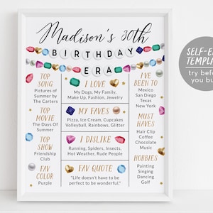 Modèle modifiable de signe d'étape anniversaire, bannière d'affiche de fête pour bracelet de l'amitié pour adultes 20e, 30e et 40e siècles, carte mémoire de statistiques de gemmes