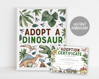 Op de afbeelding: Printbare Adopteer een Dinosaurus certificaat met een groene, bruine en witte jungle-thema. Het certificaat heeft de tekst "Adoptie Certificaat" en "Dit certificaat bevestigt dat... officieel is geadopteerd door... Ik beloof om van mijn nieuwe huisdier te houden en er goed voor te zorgen." Het certificaat is omringd door een junglescène met dinosaurussen, palmbomen en bladeren.