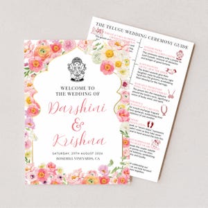 May include: A wedding ceremony guide and welcome sign featuring floral designs and the names Darshini & Krishna. The guide details Telugu wedding traditions. The sign includes the date and location.