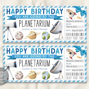 Planetarium Ticket Editable Template, Birthday Surprise Space Museum Gift Voucher For Kids, Science Center Coupon Space Adventure Experience