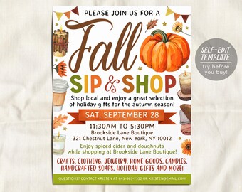 May include: A Fall Sip & Shop event flyer featuring a large orange pumpkin, candles, and autumn leaves. The text reads: Please join us for a Fall Sip & Shop, Sat, September 28, 11:30AM to 5:30PM, Brookside Lane Boutique, 321 Chestnut Lane, New York, NY 10012.