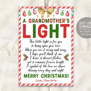 Ein Lichtkarten-Tag der Großmutter bearbeitbare Vorlage, Licht der Großmutter-Gedicht-Weihnachtsverzierung, Feiertags-Oma Danke Wertschätzungs-Tags