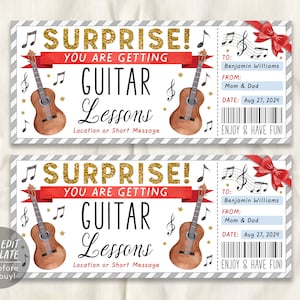 Modello modificabile del buono regalo per lezioni di chitarra, rivelazione regalo del voucher per lezioni di chitarra musicale a sorpresa, coupon per imparare a suonare, per ogni occasione