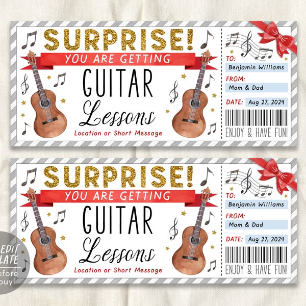 Guitar Lessons Gift Certificate Editable Template, Surprise Music Guitar Class Voucher Gift Reveal, Learn to Play Coupon, Any Occasion