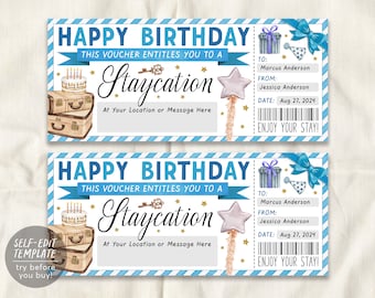Staycation Voucher Editable Template, Birthday Party Surprise Weekend Getaway Hotel Ticket Gift Certificate Reveal, Hotel Reservation