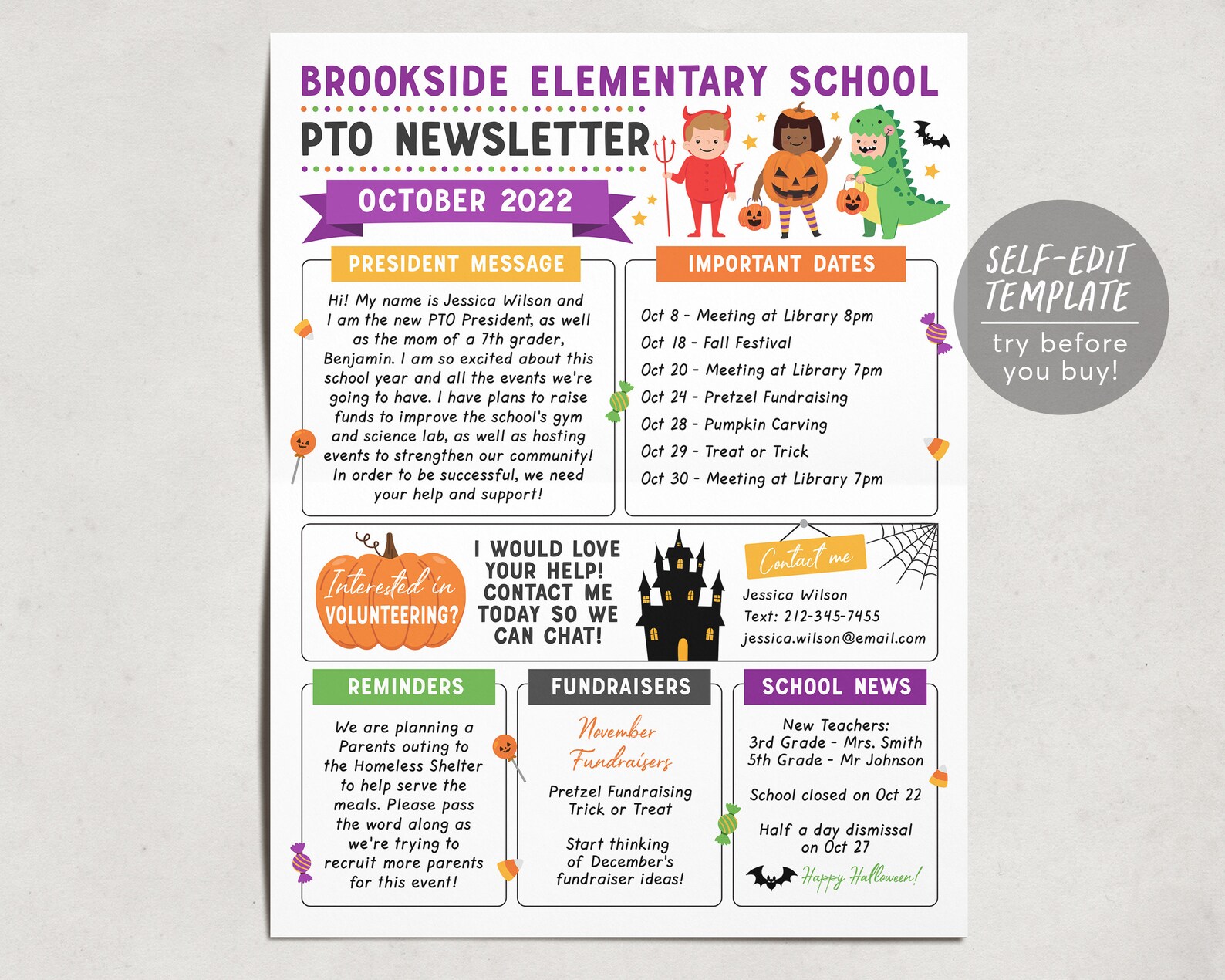 October PTO PTA Newsletter Flyer Editable Template, Back to School ...