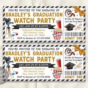 Abschlussfilm Einladung bearbeitbare Vorlage, Überraschungsfilm Abschluss Ankündigung Watch Party Ticket, Hollywood Movie Night Einladung DIY