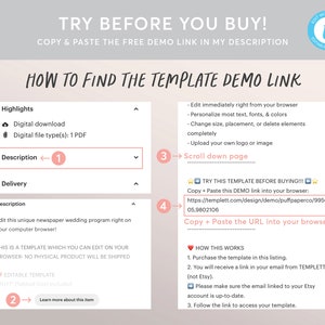 May include: A pink and white graphic with instructions on how to find a template demo link. The graphic includes a screenshot of a web page with a link to a template demo. The text on the graphic says "TRY THIS TEMPLATE BEFORE BUYING!!!" and "Copy + Paste this DEMO link into your browser: https://templett.com/design/demo/puffpaperco/9950505,9802106".