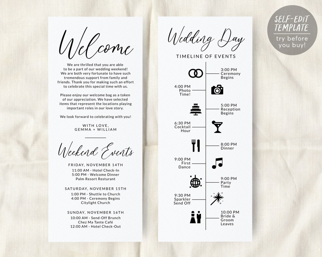 Editable Weekend Events Timeline Template, DIY Destination Events for ...