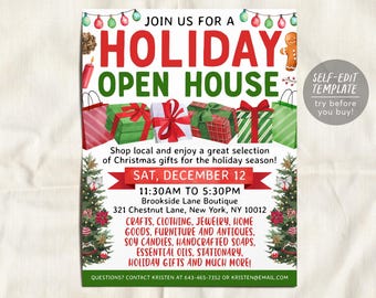 May include: A holiday open house flyer featuring red and green text, Christmas gift illustrations, and two decorated pine trees. The text includes event details, date, time, location, and a list of items like crafts, clothing, jewellery, and home goods.