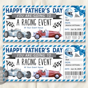 Fathers Day Car Race Ticket Gift Certificate Editable Template, Car Racing Event Voucher Dad, Supercar Race Track Driving Go Kart Coupon