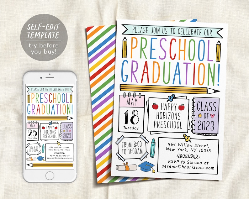 Preschool Graduation Invitation Editable Template, Pre-k Kindergarten ...