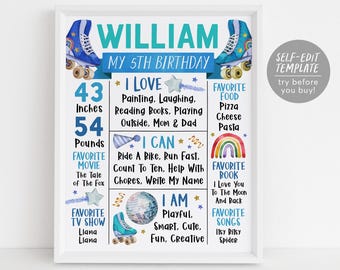 Puede incluir: Un póster de cumpleaños para el quinto aniversario de William con patines azules, una bola de discoteca y un arcoíris. El texto incluye detalles personales como 43 inches, 54 pounds, comidas, películas, libros y canciones favoritas.