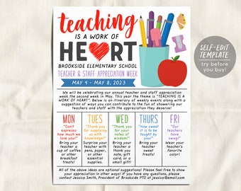Teaching Is A Work Of Heart Teacher Appreciation Week Schedule Editable Template, Parent Letter Staff Newsletter Itinerary Poster PTO PTA