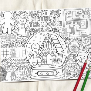 Gingerbread House Decorating Party Birthday Coloring Page Placemat Editable Template, Holiday Kids Favors Party Activity Favors Printable