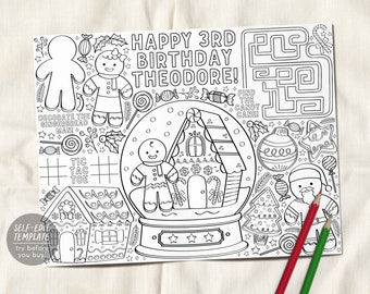 Puede incluir: Una página para colorear imprimible en blanco y negro con un tema de pan de jengibre. La página presenta una casa de pan de jengibre, personas de pan de jengibre, bastones de caramelo y una bola de nieve. El texto "Happy 3rd Birthday Theodore!" está en la parte superior de la página.