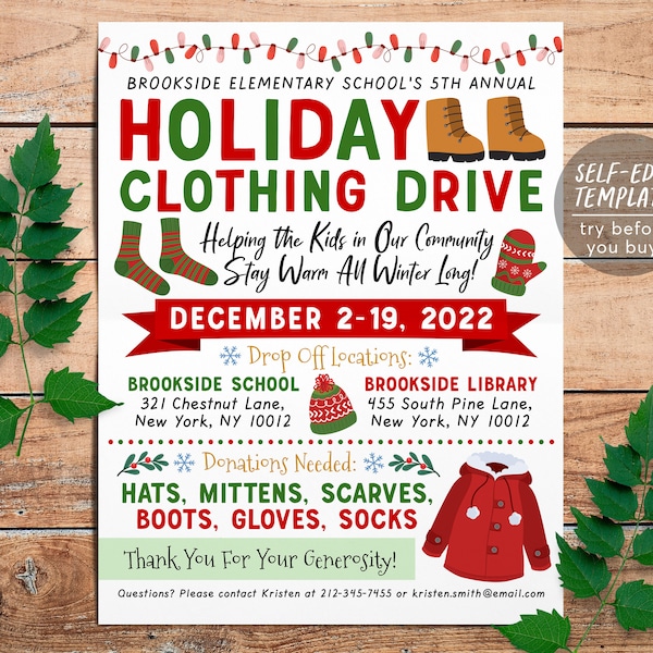 Holiday Clothing Drive Flyer Editable Template, Charity Church Fundraiser Printable PTA PTO, Christmas Cold Coat Jacket Donations Flyer