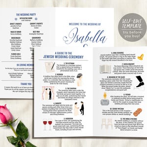 Jewish Wedding Program Infographic, Bifold Program, Editable Ceremony Template, Jewish Infographic Wedding, Religious Wedding Program Guide