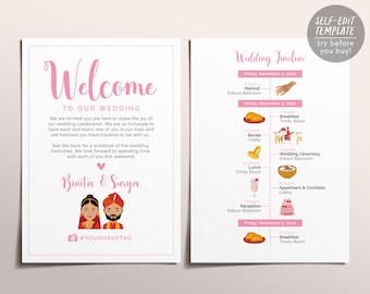 Indian Wedding Timeline Template, Editable Wedding Itinerary Card, Wedding Welcome Card, Hindu Wedding Itinerary, Indian Icons