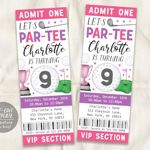 Golf Geburtstagsticket bearbeitbare Vorlage, Mädchen Let's Par Tee Golfball Party einladen, Kinder Sport Thema Mini Golf Turnier Evite