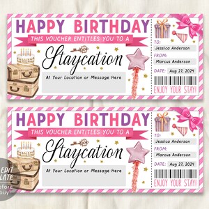 Staycation Voucher Editable Template, Birthday Party Surprise Weekend Getaway Hotel Ticket Gift ...