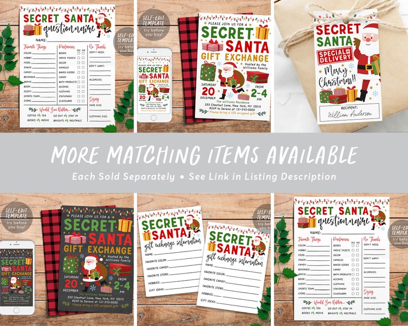 Secret Santa Gift Exchange Cards Editable Template, Holiday Christmas ...