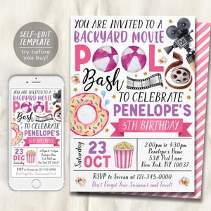 May include: A pink and white printable invitation for a backyard movie pool party to celebrate Penelope's 5th birthday. The invitation features a pool float, popcorn, a movie camera, and a donut. The text on the invitation reads "You are invited to a backyard movie pool bash to celebrate Penelope's 5th birthday".