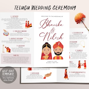 May include: A tri-fold Telugu wedding ceremony program template featuring the text Bhavika & Nilesh, August 15, 2021, Brooklyn, New York. The design includes illustrations of a bride and groom, ritual descriptions, and icons on a white background.