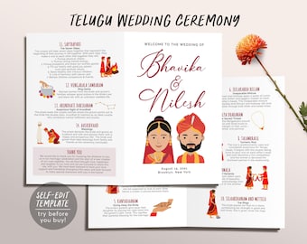 Può includere: Un modello di programma per cerimonia di matrimonio telugu a tre ante con il testo Bhavika & Nilesh, 15 agosto 2021, Brooklyn, New York. Il design include illustrazioni di sposi, descrizioni di rituali e icone su uno sfondo bianco.