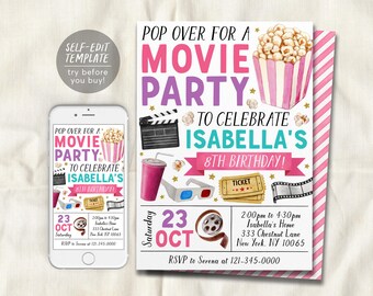 May include: A movie party invitation template for Isabella's 8th birthday featuring watercolor illustrations of popcorn, a clapperboard, 3D glasses, a drink, and film strips. The text includes date, time, location, and RSVP details.